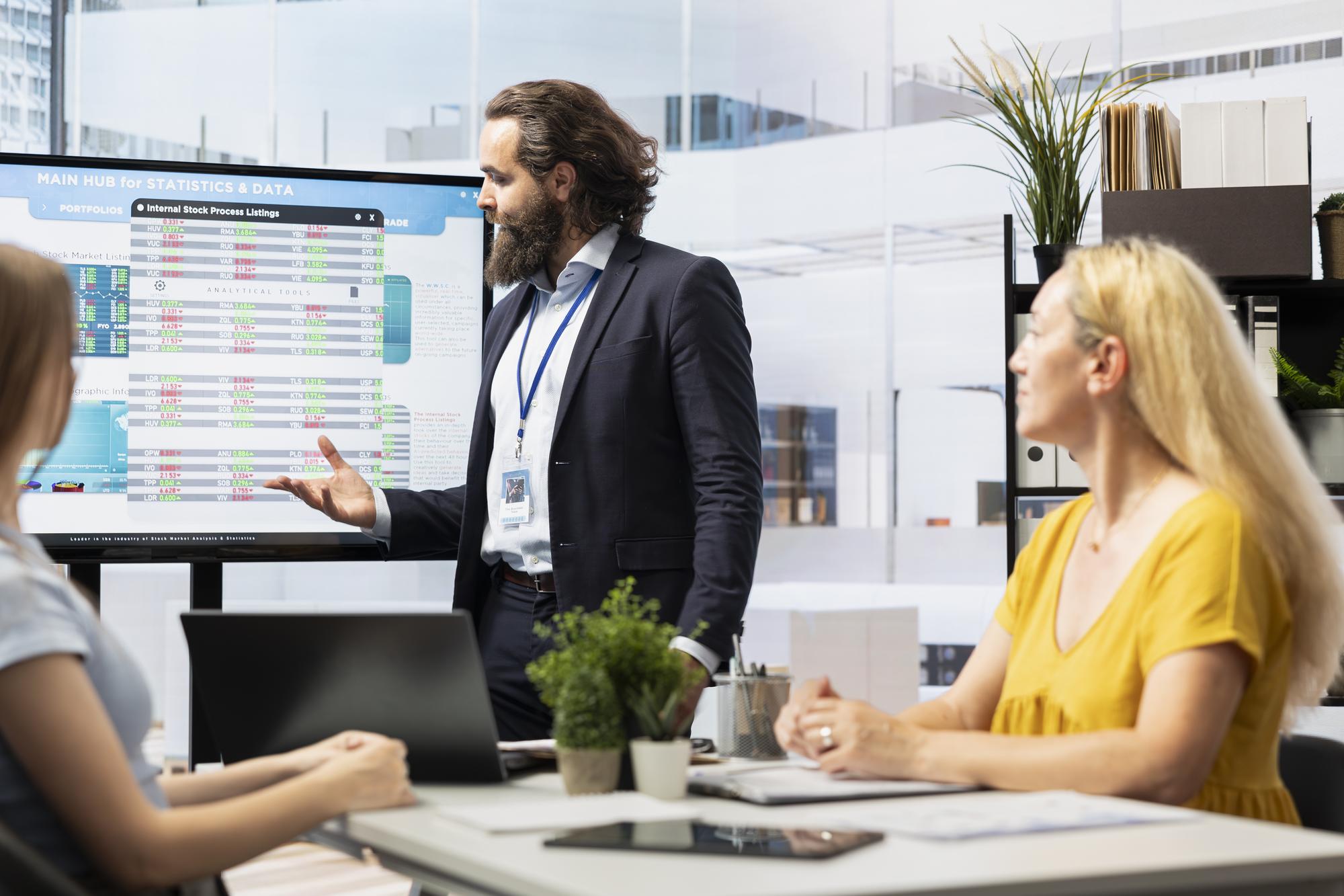 Advisor discussing stock charts with client